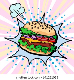 Hand drawn Hamburger. Vector Fast Food sketch. Comic book style, pop art retro vector illustration.