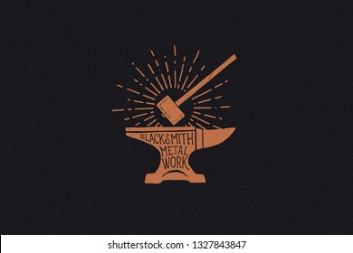 Hand drawn hammer and anvil in the rays of light. Black metal work. Blacksmithing vintage label. Monochrome style. Vector illustration.