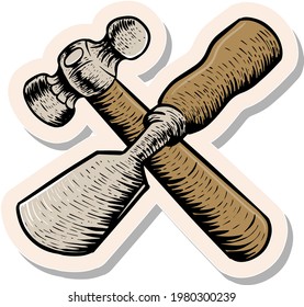 Hand drawn hammer and chisel icon woodworking tool in sticker style vector illustration svg