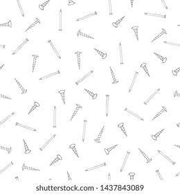 Hand drawn hammer nails, screws.  Vector  seamless pattern