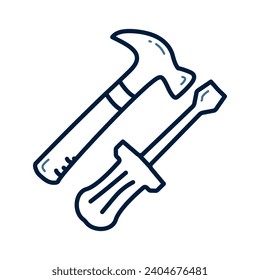 Hand drawn Hammer and screwdriver doodle line illustration. Hammer and screwdriver doodle icon.