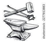 Hand drawn hammer, tongs and anvil. Blacksmith work, ironwork concept. Blacksmithing vintage sketch vector illustration