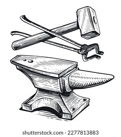 Hand drawn hammer, tongs and anvil. Blacksmith work, ironwork concept. Blacksmithing vintage sketch vector illustration