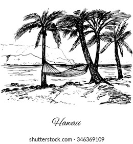 Hand drawn hammock around palm trees