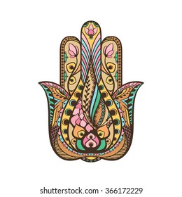 Hand drawn hamsa hand with abstract colorful background, religion symbol of protect. Patterned vector illustration in zentangle style isolated on white background.  Sketch for tatto, t-shirt