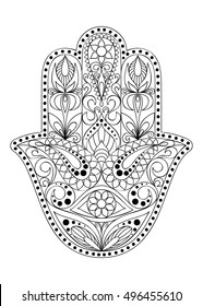 Hand drawn Hamsa symbol with eastern floral ornament for adult coloring. Hand of Fatima. Ethnic amulet common in Indian, Arabic and Jewish cultures. Coloring page with hamsa symbol.