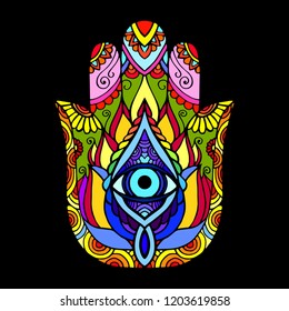 Hand drawn Hamsa symbol. Ethnic Indian, Arabic. Colorful Hamsa symbol with floral ornament.