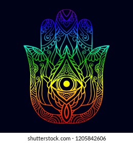 Hand drawn Hamsa symbol. Ethnic Indian, Arabic. Colorful Hamsa symbol with floral ornament.