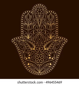 Hand drawn Hamsa symbol.  Hand of Fatima. Ethnic amulet common in Indian, Arabic and Jewish cultures. Golden Hamsa symbol with eastern floral ornament.