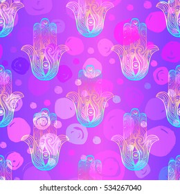 Hand drawn hamsa symbol seamless pattern. Popular Arabic and Jewish amulet. Vector illustration in purple. Sacred geometry. Repetition background for textiles , wrapping paper or wallpapers. 
