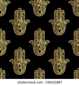 Hand drawn hamsa symbol seamless pattern. Popular Arabic and Jewish amulet. Vector illustration in gold over black. Sacred geometry. Repetition background for textiles , wrapping paper or wallpapers. 