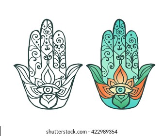 Hand drawn hamsa. Hamsa vector. Hamsa hand illustration. Fatima hand vector. Hamsa set.