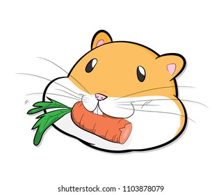 Hand Drawn Hamster Head Eating a Carrot Cartoon Vector Illustration.