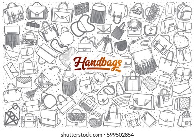 Hand drawn handbag doodle set background with orange lettering in vector