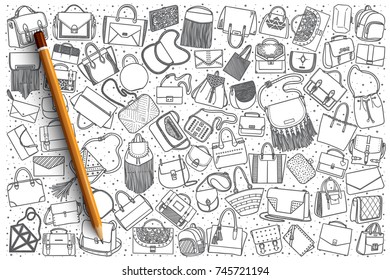Hand drawn handbag vector doodle set background