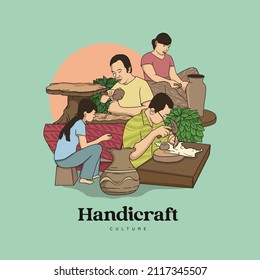 Hand drawn Handicraft traditional culture. Sculpture, Pottery and Puppet craftsman