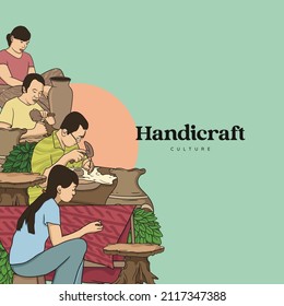 Hand drawn Handicraft traditional culture. Sculpture, Pottery and Puppet craftsman