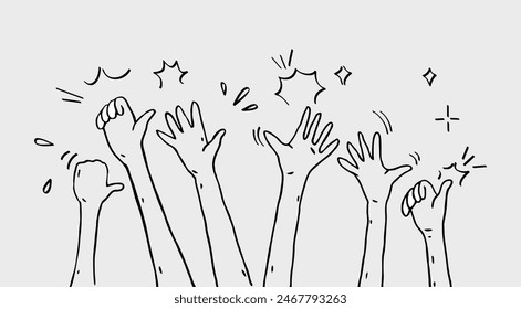 hand drawn of hands . applause, thumbs up gesture on doodle style , vector illustration