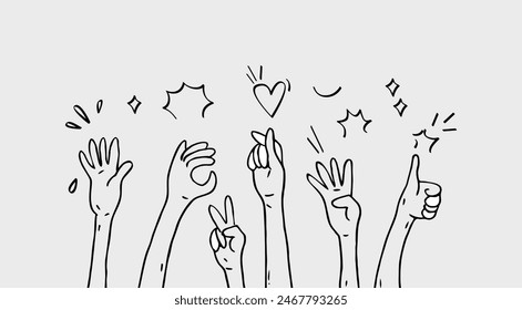 hand drawn of hands . applause, thumbs up gesture on doodle style , vector illustration