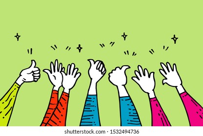 hand drawn of hands clapping ovation. applause, thumbs up gesture on doodle style , vector illustration