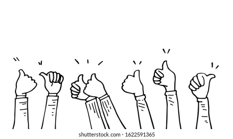 hand drawn of hands clapping ovation. applause, thumbs up gesture on doodle style , vector illustration