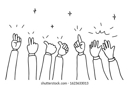 hand drawn of hands clapping ovation. applause, thumbs up gesture on doodle style , vector illustration