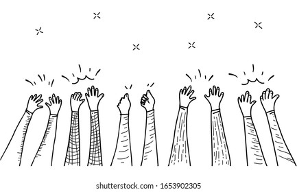 hand drawn of hands clapping ovation. applause, thumbs up gesture on doodle style , vector illustration