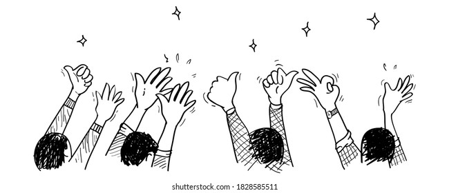 mano dibujada de las manos aplaudiendo la ovación. aplauso, gesto de aprobación hacia arriba en el estilo doodle , ilustración vectorial