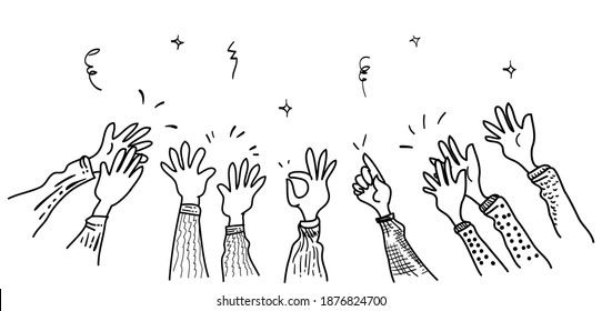 hand drawn of hands clapping ovation. applause, thumbs up gesture on doodle hands up. vector illustration