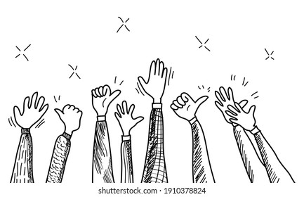 hand drawn of hands clapping ovation. applause, thumbs up gesture on doodle style , vector illustration