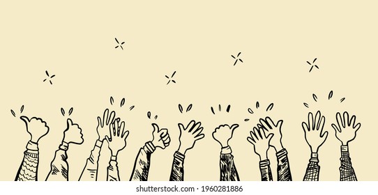 hand drawn of hands clapping ovation. applause, thumbs up gesture on doodle style , vector illustration
