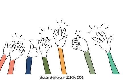 hand drawn of hands clapping ovation. applause, thumbs up gesture. cartoon doodle style. vector illustration