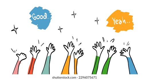 Hand drawn of hands clapping ovation. applause, thumbs up gesture on doodle style. vector illustration	