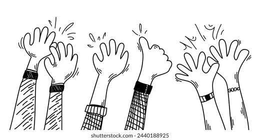 Hand drawn of hands clapping ovation. applause, thumbs up gesture on doodle style. vector illustration