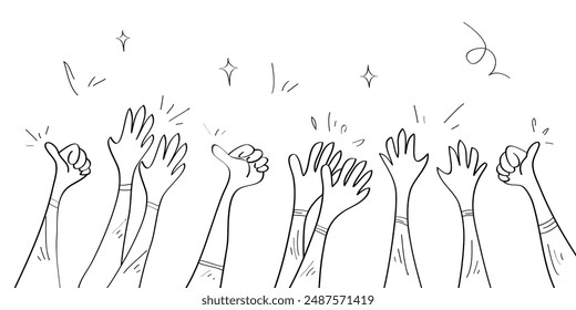 Hand drawn of hands clapping ovation. applause, thumbs up gesture on doodle style. vector illustration