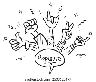 hand drawn of hands clapping ovation. applause, thumbs up gesture on doodle style , vector illustration