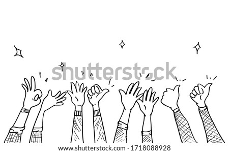 hand drawn of hands clapping ovation. applause, thumbs up gesture on doodle style. vector illustration