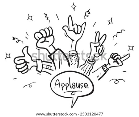 hand drawn of hands clapping ovation. applause, thumbs up gesture on doodle style , vector illustration