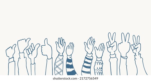 hand drawn hands five, thumb up and peace pose clapping ovation illustration sketch isolated on white background with different clothes.