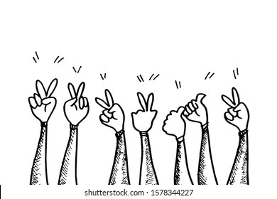 hand drawn of Hands gesture peace sign, thumbs up gesture on doodle style , vector illustration