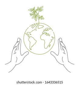Hand drawn of hands and globe with a sprout. Save the planet concept.