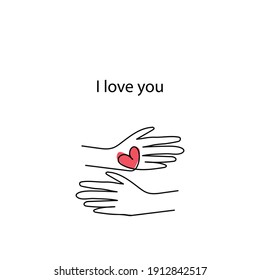 hand drawn hands with heart on white background. minimalistic style st. valentines greeting card