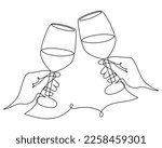 Hand drawn hands hold wine clinking glasses one line art,continuous drawing contour.Cheers toast festive decoration for holidays,romantic Valentine's Day design.Editable stroke. Isolated.Vector 