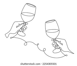 Hand drawn hands hold wine clinking glasses one line art,continuous drawing contour.Cheers toast festive decoration for holidays,romantic Valentine's Day design.Editable stroke. Isolated.Vector 