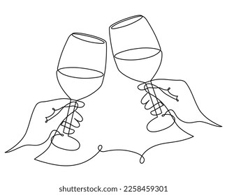 Hand drawn hands hold wine clinking glasses one line art,continuous drawing contour.Cheers toast festive decoration for holidays,romantic Valentine's Day design.Editable stroke. Isolated.Vector  - Shutterstock ID 2258459301