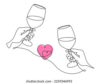 Hand drawn hands hold wine clinking glasses one line art,continuous drawing contour.Cheers toast festive decoration for holidays,romantic Valentine's Day design.Editable stroke. Isolated.Vector 