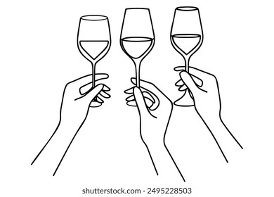 Las manos dibujadas a mano sostienen las gafas de vino tintineando una línea de arte, contorno de dibujo continuo