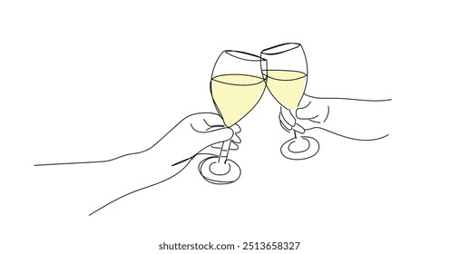 Manos dibujadas a mano sostienen copas de vino tintineando una línea de arte, contorno de dibujo continuo. Brindis por la decoración festiva para las vacaciones, diseño romántico del día de San Valentín.