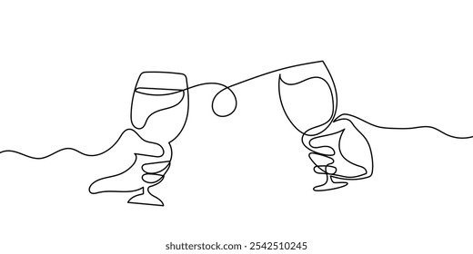 Hand drawn hands hold wine clinking glasses one line art,continuous drawing contour.Cheers toast festive decoration for holidays,romantic Valentine's Day design.Editable stroke. Isolated.Vector