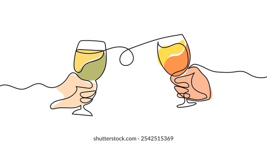 Manos dibujadas a mano sostienen copas de vino tintineando una línea de arte, contorno de dibujo continuo. Brindis por la decoración festiva para las vacaciones, diseño romántico del día de San Valentín. Vector aislado